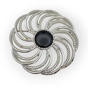Sarah Coventry Black Cabochon Swirl Silver Tone Vintage Brooch Pin